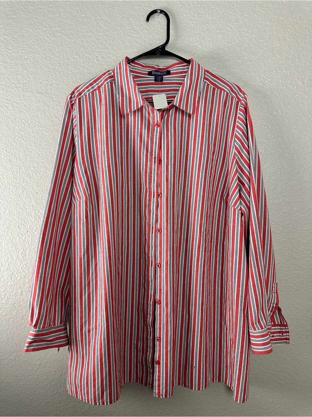 Roaman's Kate button up long-sleeve red, white, and navy blue striped pattern
